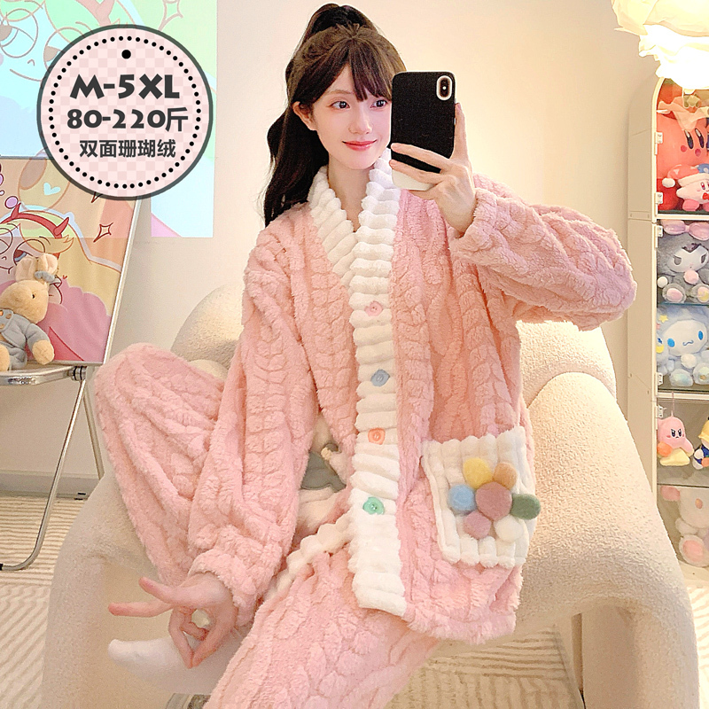 Winter Pajamas for Women, Coral Fleece, Thickened, Plus Size, Warm Dopamine Set for Winter, 2024 New Model