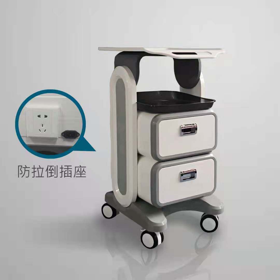 美容仪推车灰色防滑垫 商业用美容设备推车 蓝白色双抽屉推车 超声刀置物移动架子 牙科医疗设备移动台