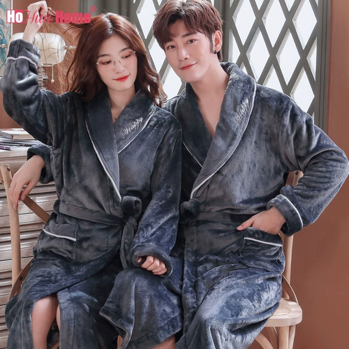 Зимний банный халат, демисезонная пижама для влюбленных, демисезонное фланелевое длинное коралловое бархатное осеннее термобелье