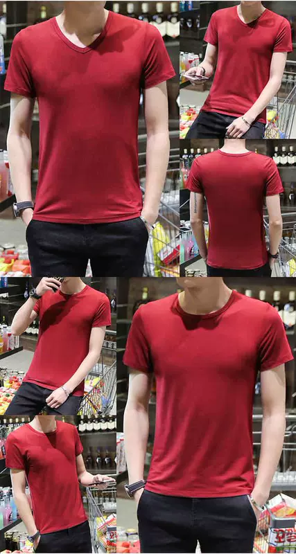 Nhanh tay màu đỏ người đàn ông ngắn tay áo thun nam màu rắn nửa tay mùa hè nam cotton mỏng cổ tròn bó sát áo thun nam thủy triều áo thun nam tay ngắn có cổ
