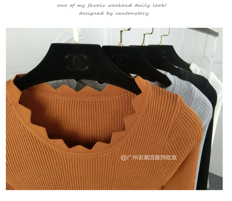 2018 Thu Đông mới ren áo thun cổ tròn áo len nữ dài tay Phiên bản Hàn Quốc của áo len đáy trắng hoang dã thuần khiết quần áo nữ 