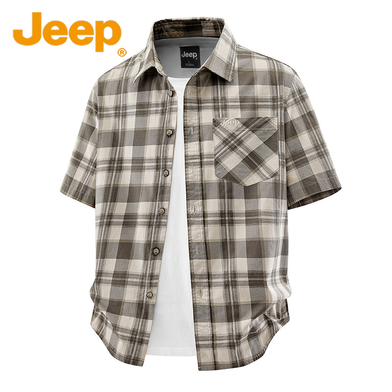 Jeep Official Plaid Short-Sleeved Shirt for Men, Loose-Fitting Pure Cotton Summer Casual Fashion Shirt for Middle-Aged Men