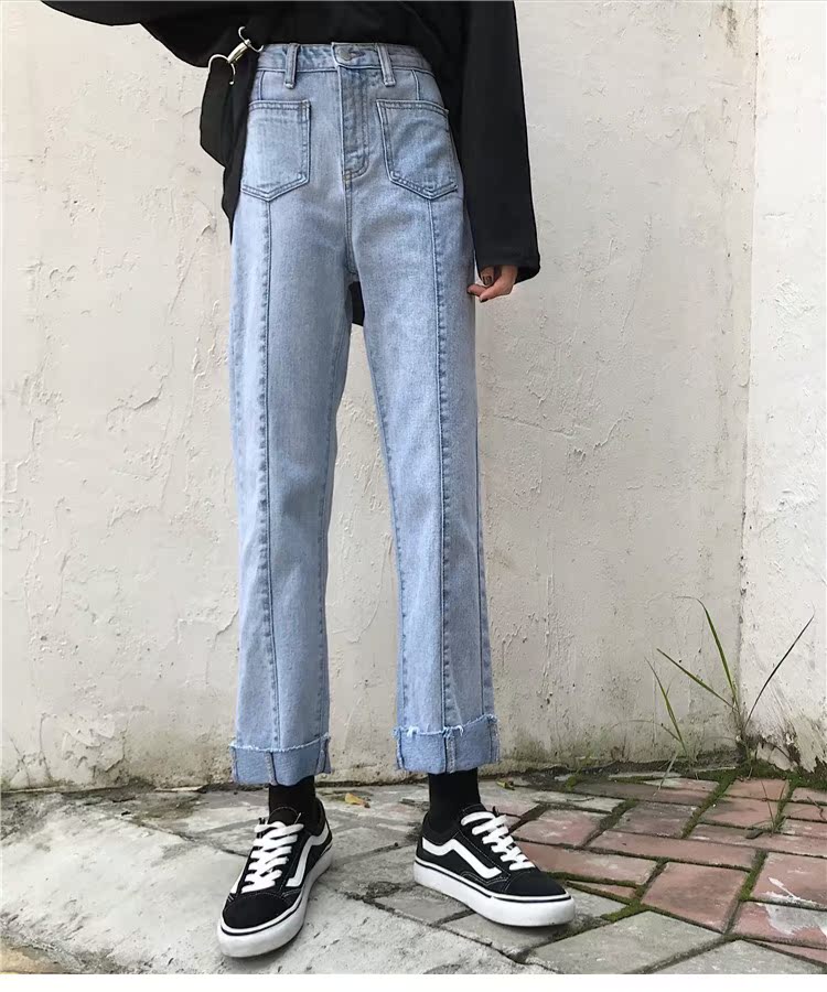 Mùa thu phiên bản Hàn Quốc của Hồng Kông hương vị retro sang trọng phong cách Harajuku bf lỏng đường phố hoang dã bắn thẳng quần jean nữ sinh viên thủy triều quần jean ống rộng nam