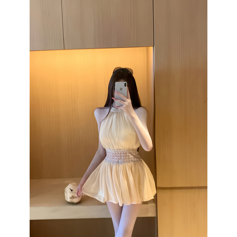 Xiangshui'Er French Halter Neck Dress for Women 2026 Spring New Chiffon Off-Shoulder A-Line Short Dress with Waist-Cinching Skirt