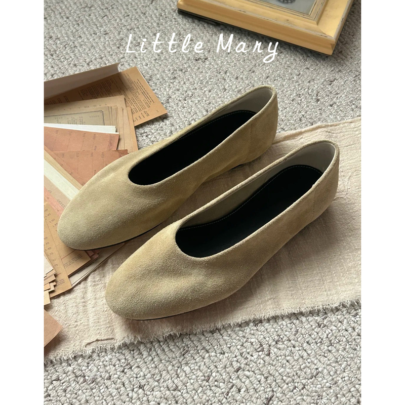 Minimalist Style Round-Toe Suede Slip-On Sock Shoes for Women, Flat, Comfortable, Versatile, Suitable for Commuting, Old Money Style, Grandma Ballet Flats