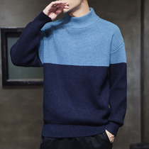 2019 autumn and winter mens semi-turtleneck sweater pullover color-fitting sweater Korean slim warm-up clothes men
