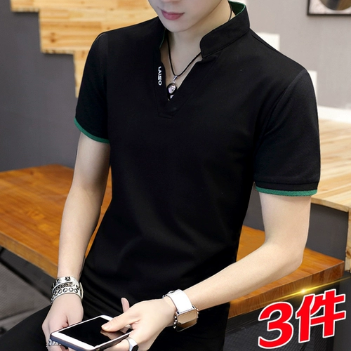 Футболка с коротким рукавом, хлопковая летняя одежда, трендовая тонкая футболка polo, V-образный вырез