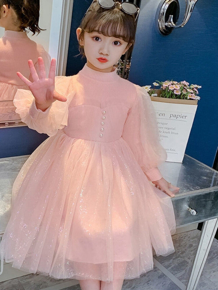 High-end 2022 little girl dress Snow White girls knitted sweater long foreign style mesh autumn and winter skirt