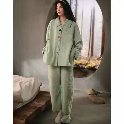 Coral velvet pajamas women autumn and winter thickened plus velvet warm cashmere set fashion Winter flannel home clothing women