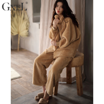 Pajamas Woman Autumn Winter Style Coral Suede Adorable Lian Hat Winter Thicken Plus Suede Warm Flannel Suede Suit Woman