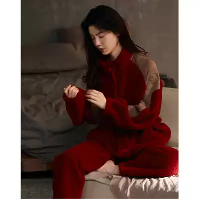 Coral velvet pajamas women's autumn and winter thickened can wear a red suit winter flannel warm Korean home clothes women