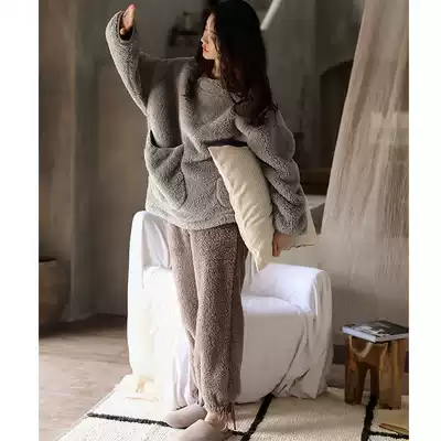 Coral velvet pajamas women's autumn and winter padded velvet can wear warm round collar home clothing winter flannel suit women