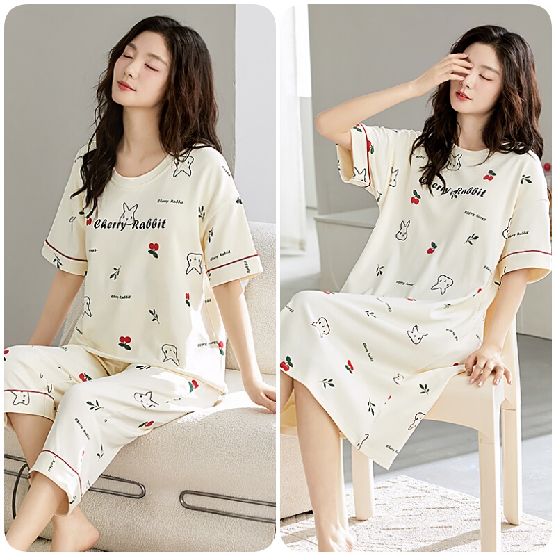 Three-Piece Pajamas Set for Women, Summer Pure Cotton, Korean Style, Round Neck, Short Sleeves, Three-Quarter Pants with Chest Pads, Nightgown, Plus Size Loungewear