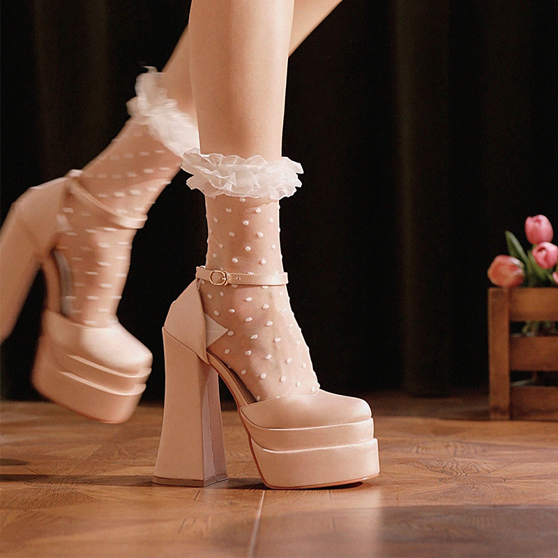 Chunky Heel Stunning Wedding Shoes for Petite Women, Pink Lolita Shoes, Waterproof Platform Thick-Soled Shoes, Single Strap Bridal Wedding Shoes