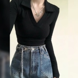 Черная футболка polo, осенний демисезонный свитер, приталенный трикотажный приятный телу лонгслив, V-образный вырез