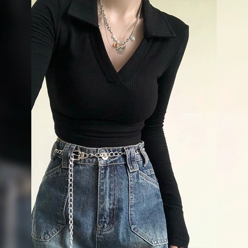 Черная футболка polo, осенний демисезонный свитер, приталенный трикотажный приятный телу лонгслив, V-образный вырез