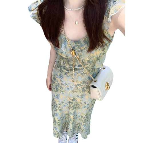 Зеленый летний гаечный ключ, длинная юбка, французский стиль, цветочный принт, в цветочек, подходит для подростков