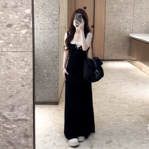 Черный летний комплект, небольшая весенняя длинная юбка без рукавов, французский стиль, подходит для подростков, премиум класс
