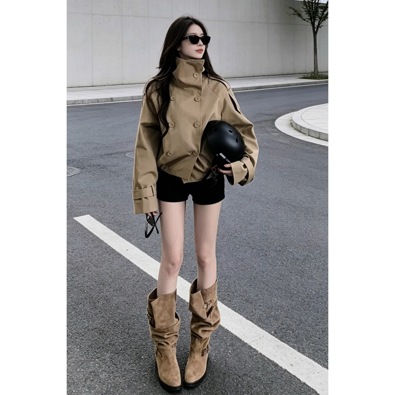 Korean Style, Very Attractive Khaki Short Trench Coat for Women, Early Autumn 2026 New Trendy Popular Jacket Top