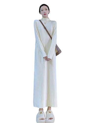 Белая длинная юбка, трикотажное платье, осеннее шерстяное платье