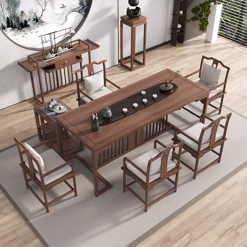 New Chinese Old Elm Wood Tea Table Tea Table Tea Set Integrated Tea Table Solid Wood Tea Table Chair Combined One Table Five Chair Tea Table 