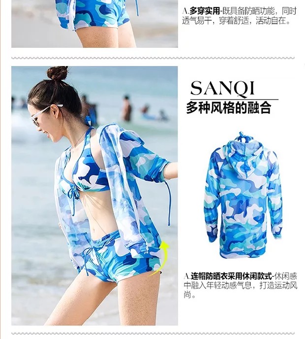 Ngụy trang áo tắm nữ ba mảnh boxer bikini bãi biển nam và nữ mẫu đôi áo chống nắng mùa xuân bơi lội đồ đôi nam nữ đi biển
