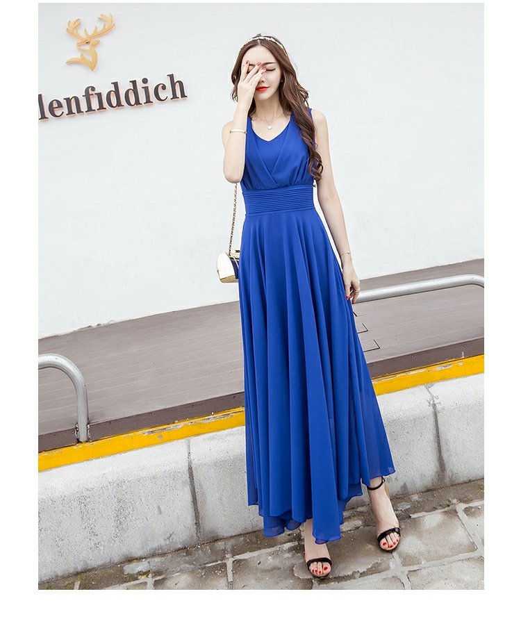 Đặc biệt hàng ngày mùa xuân và mùa hè Hàn Quốc phiên bản của chiffon dài eo kích thước lớn một từ đầm mỏng phụ nữ tính khí dài váy mẫu đầm chữ a