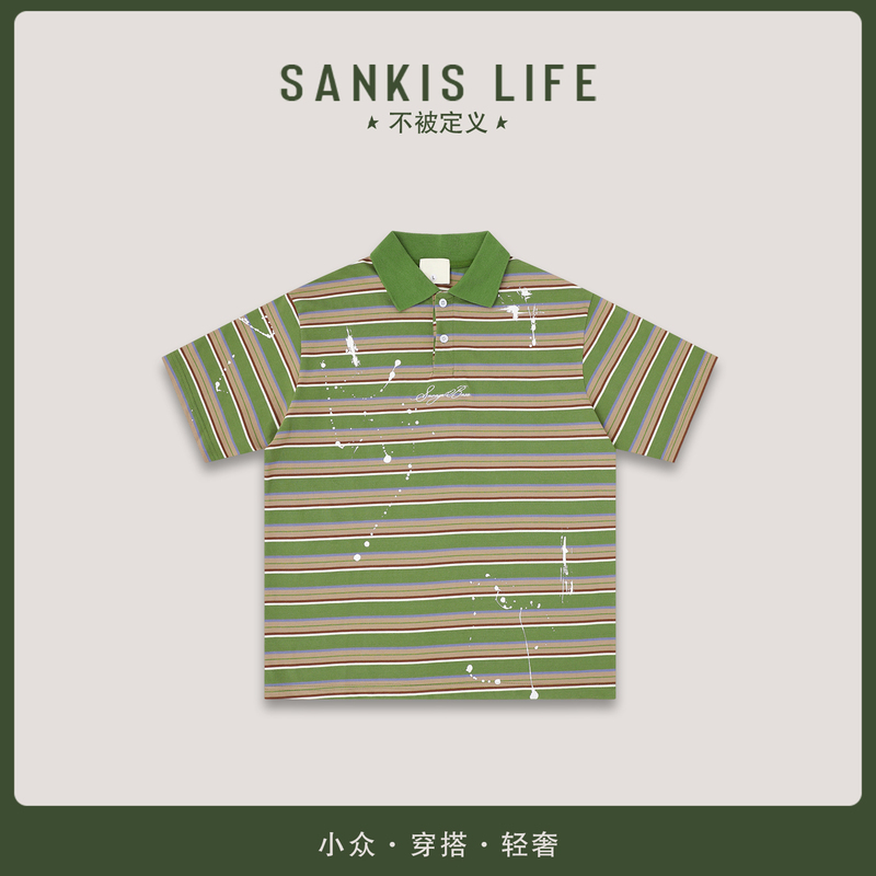 Green Light Spot Sankis Life Japanese Retro Color-Blocking Striped Splatter Short-Sleeve Polo Shirt for Men and Women Summer Green Light Spot Sankis Life Japanese Retro Color-Blocking Striped Splatter Short-Sleeve Polo Shirt for Men and Women Summer