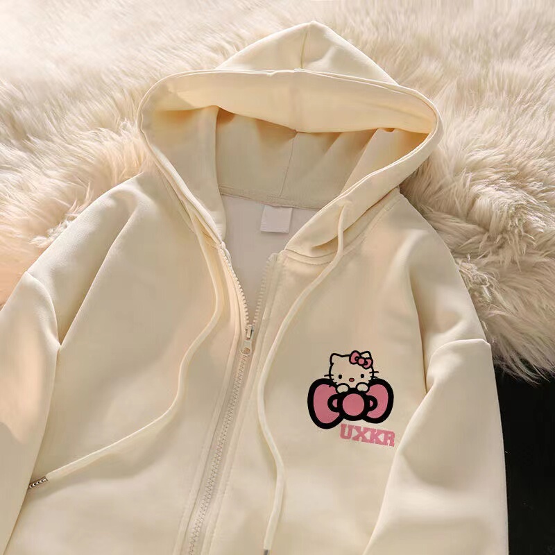 Autumn and Winter Children's Clothing Hooded Sweatshirt Hellokitty Medium and Large Children's Loose Zipper Jacket Top Cute Student Cardigan