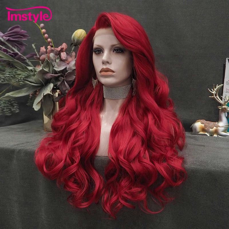 European and American Style Burgundy Long Curly Hair with Large Waves, Hand-Crocheted Front Lace, Realistic and Casual Parting Wig Set Lace Wig
