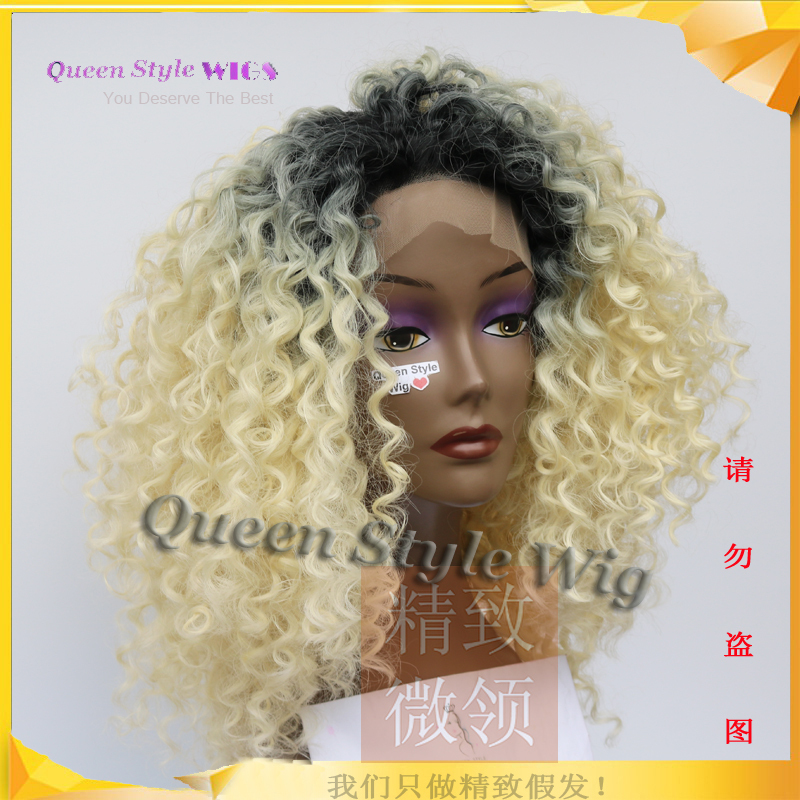 European and American Style Women's Wigs, Fluffy African Curls, Black Roots with Gradient Light Blonde, Hand-Crocheted Front Lace Nightclub Wig