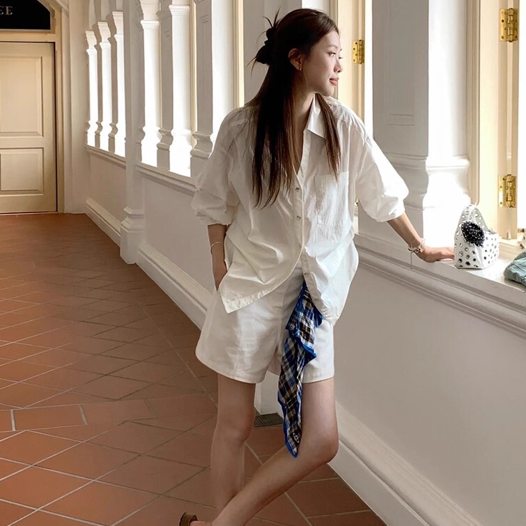 Senior Student Xiao a's Clothing: New Spring/Summer Casual Versatile White Casual Turn-Down Collar Waist-Cinching Shirt for Women