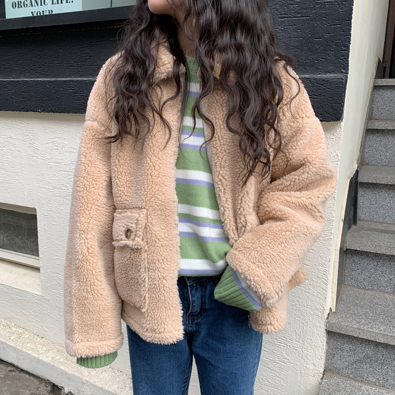 Real shot autumn and winter loose short Korean version of lapel deerskin cashmere cashmere cardigan