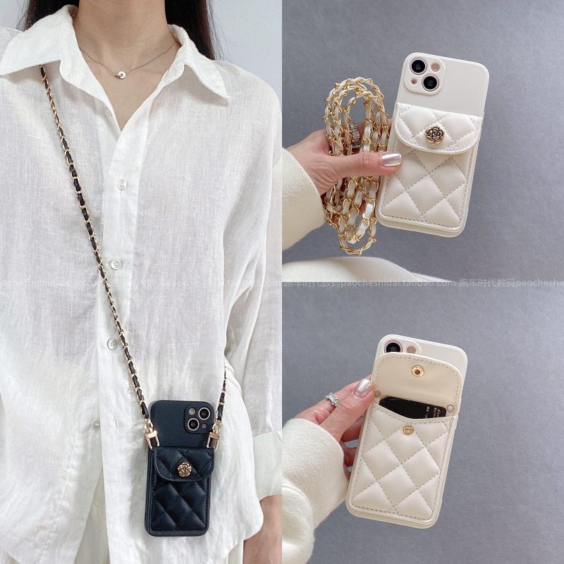 Chanel-Style Camellia Quilted Card Holder Case Suitable for iPhone 17 Pro Max, Apple 15 Phone Case, 17 Pro Crossbody Strap, 13 Pro Full Cover, 14 Pro Luxury, XS Max New Model, 11 Silicone Case, 12