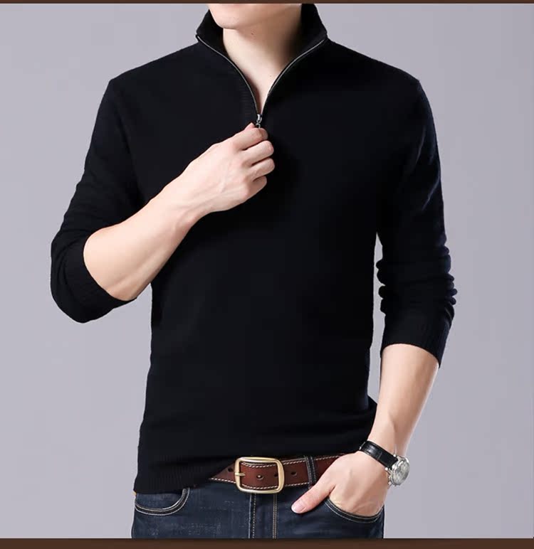 Mùa đông nam mới nửa cao cổ áo len dây kéo rắn màu áo len nam trung niên đứng cổ áo len dài tay áo thun nam hàng hiệu