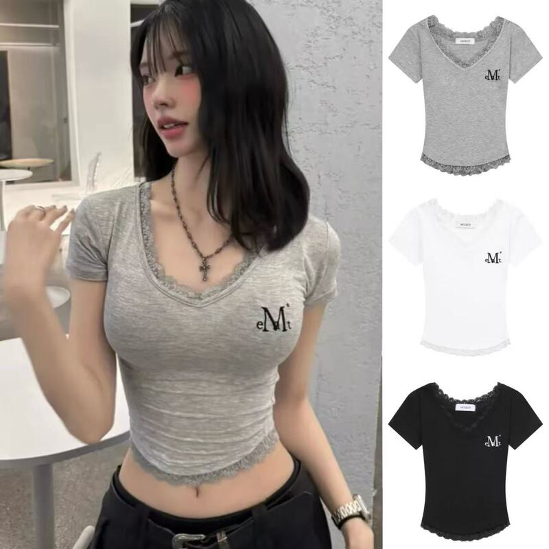 Korean Mucent Lace Short-Sleeve V-Neck Lace Short T-Shirt Women's T-Shirt Crop Top Slim Fit