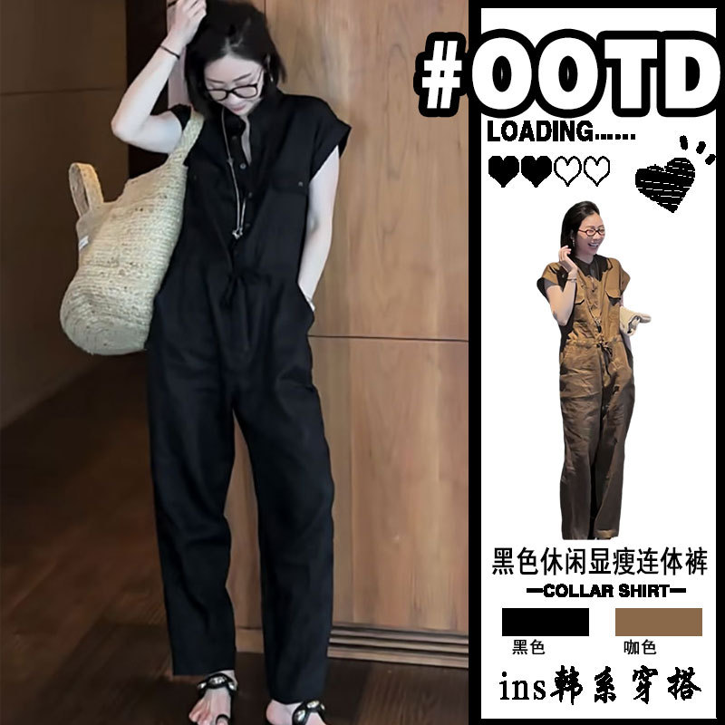 European Style Plus Size Short-Sleeved Linen Work Jumpsuit for Women, Summer 2026, Casual Waist-Cinching Jumpsuit, High-Waisted Wide-Leg Pants
