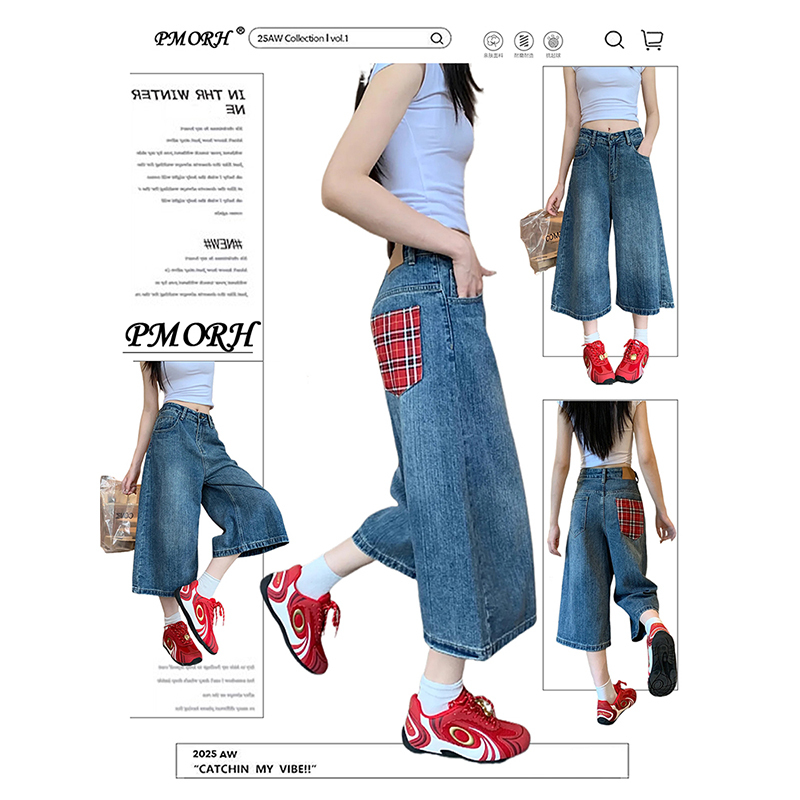 Pmorh American-Style Blue Jeans with Red Plaid Design on the Back, Women's Summer New Niche Slim-Fit Cropped Pants Trendy Pmorh American-Style Blue Jeans with Red Plaid Design on the Back, Women's Summer New Niche Slim-Fit Cropped Pants Trendy