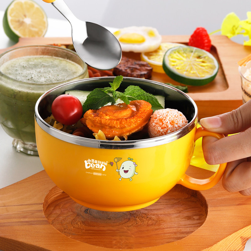 Small Bean Fry Children Noodle Bowl with lid 304 Stainless Steel Kid Cutlery Sets Baby Eat with Handle Anti-fall