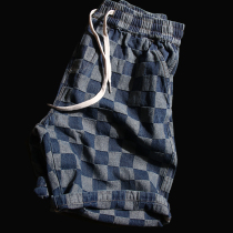 Foreign trade Mens daily single fitting room tail goods washed cotton convex canvas denim plaid loose sports shorts