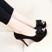 Autumn new high heels 10cm thin heel waterproof table professional girl bow suede small size 32 fish mouth single shoes