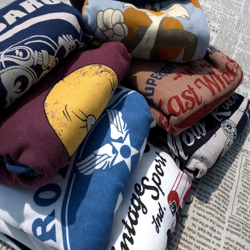 Ami nặng 咔叽 American retro dày quân gió phim hoạt hình đầu máy in giẻ rách dài tay áo thun cotton đáy T áo thun hàng hiệu