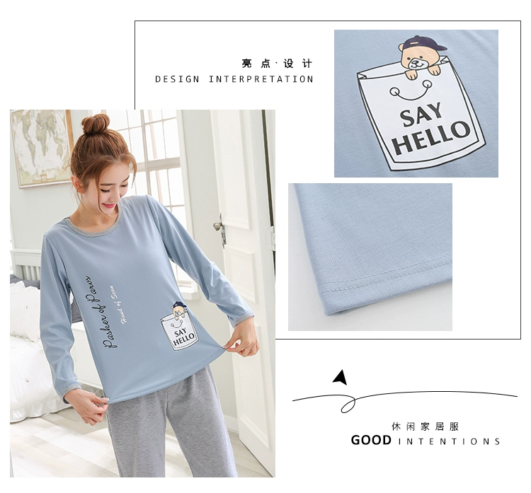 Bộ đồ ngủ dài tay mùa xuân và mùa thu nữ mùa thu cotton mỏng phiên bản Hàn Quốc của bộ đồ cotton tươi mát phù hợp với mùa hè áo kiểu nữ