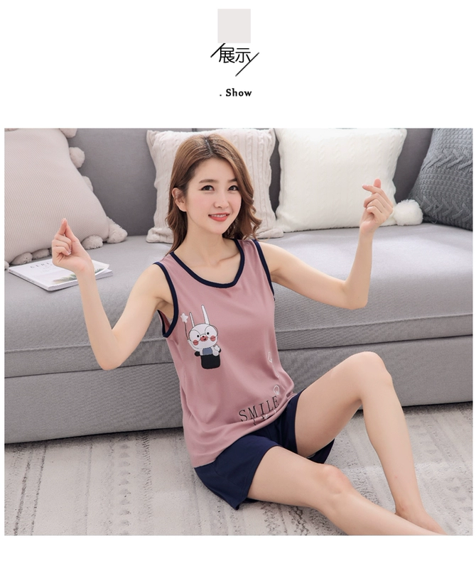 Mặc đồ ngủ của phụ nữ mùa hè cotton quần short dịch vụ nhà không tay phù hợp với kích thước lớn dễ thương phim hoạt hình ngắn tay cotton