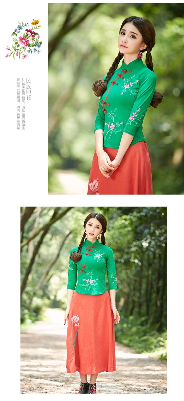 2018 phong cách dân tộc xuân hè mới nặng nề với đầy đủ chất liệu cotton thêu bảy điểm cổ áo cổ áo Đầm thun nữ dáng lửng áo thu đông dài tay nữ