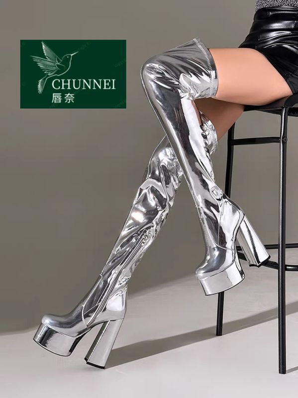 Lipna Sexy Waterproof Platform Over-The-Knee Boots with Thick Heels, Patent Leather High-Heeled Long Boots, Fashion Boots, Cross-Dressing Shoes, Pole Dancing Boots