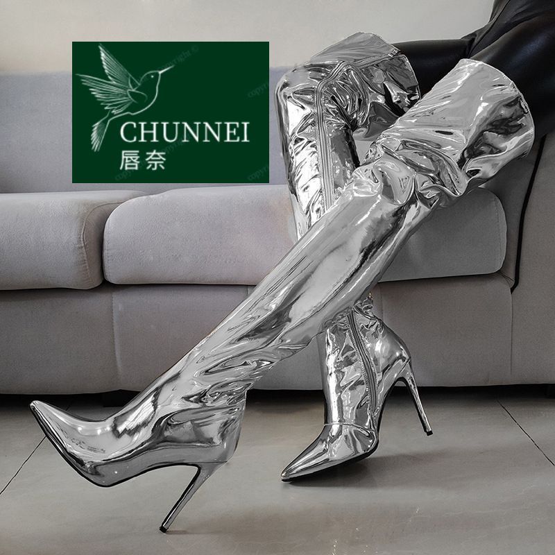 Silver Patent Leather Over-The-Knee Boots for Women, Stiletto Heels, Spring and Autumn Pointed Toe High-Heeled Long Boots, Gold Wide Calf Boots, Large Size