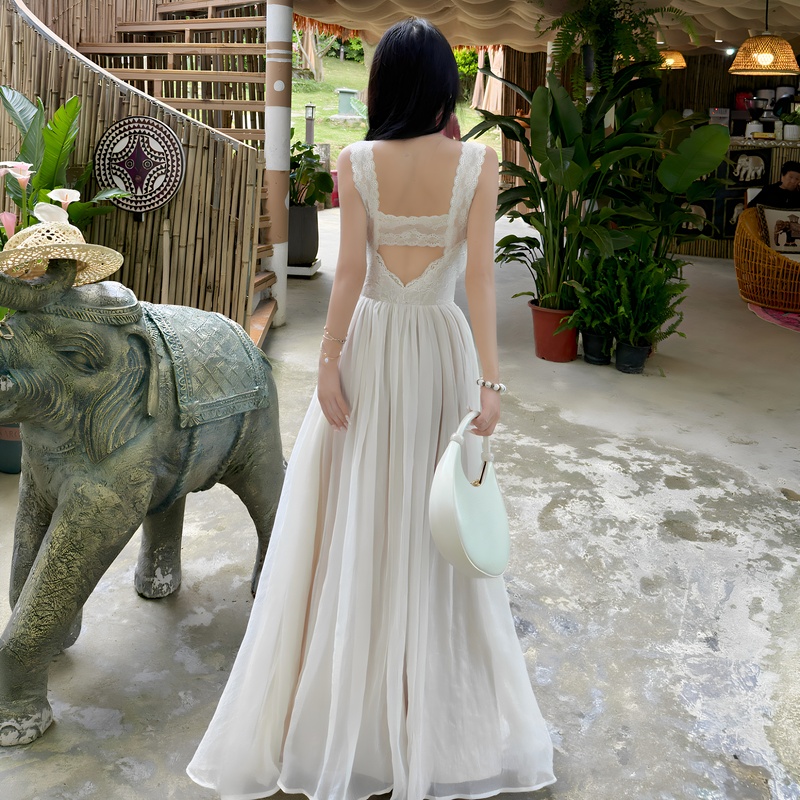 Greek Goddess Dress, French Style, Stunning, Waist-Cinching, Slimming Dress, Seaside Elegant, Lace Splicing, Spaghetti Strap, Backless Long Dress