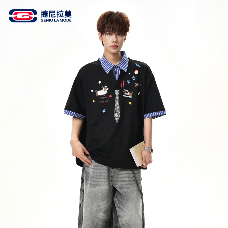 Genio Lamode Puppy Graffiti Fake Two-Piece Lapel Short-Sleeved Casual Loose Large Size T-Shirt for Men