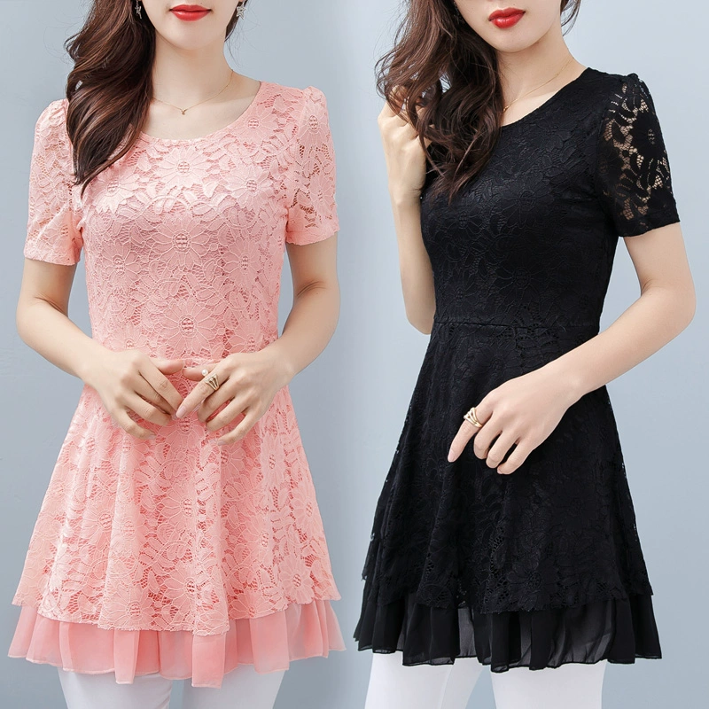 Mùa hè mới cộng với kích thước của phụ nữ áo sơ mi ren ngắn tay dài giữa cổ tròn eo mảnh mai mảnh mai nhỏ áo sơ mi voan mỏng đầu - Áo sơ mi chiffon ren